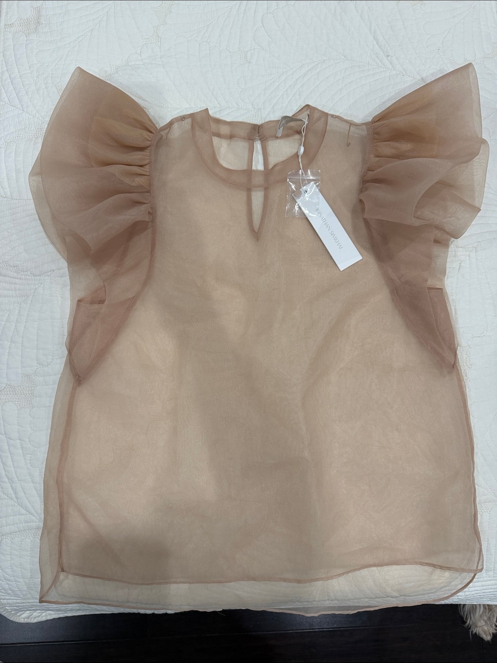 Jonathan Simkhai Sheer Puff-Sleeve Organza Blouse in Beige-Taupe